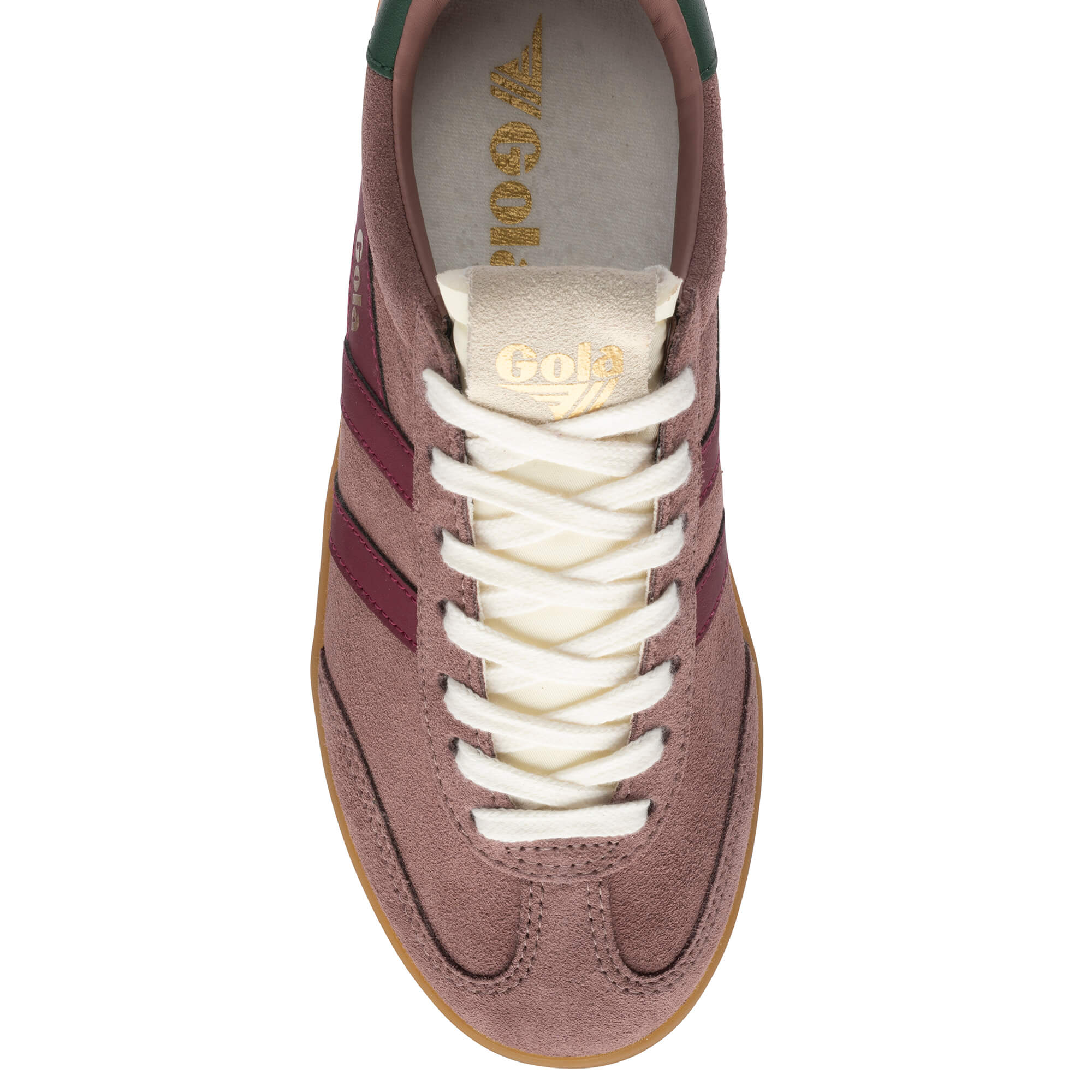 Top-down view of a Gola trainer in dusty pink suede with burgundy stripes and white laces