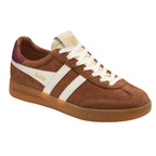 Brown suede Gola trainer with white stripes and laces, and a maroon heel accent