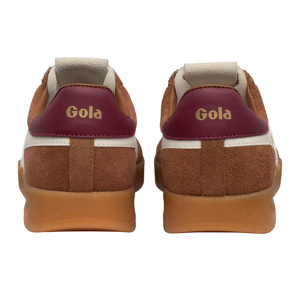Rear view of a pair of Gola trainers in brown suede with a burgundy heel tab and white stripe