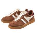 Pair of Gola Elan trainers in brown suede with off-white stripes and laces, and a gum sole