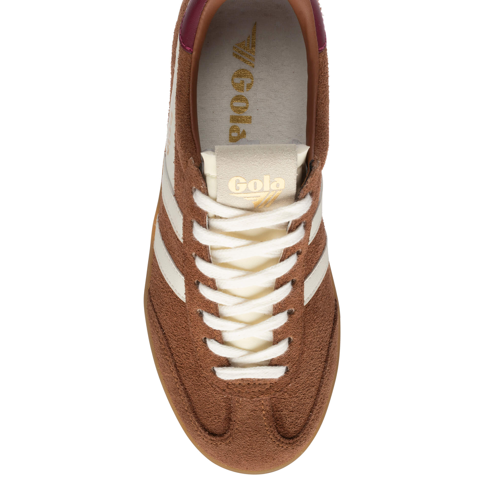 Top-down view of a brown suede Gola trainer with white stripes and laces