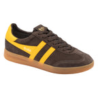 Gola men's trainer in brown suede with yellow stripes and a gum sole