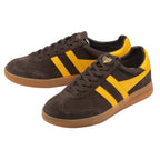 Pair of Gola Harrier trainers in dark brown suede with yellow stripes and gum sole