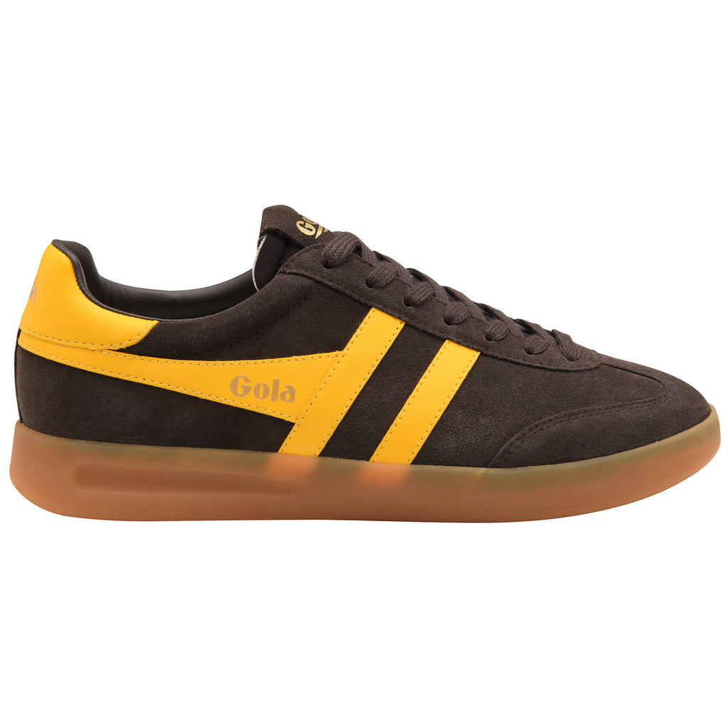 Gola men's trainer in dark brown suede with yellow stripes and gum sole
