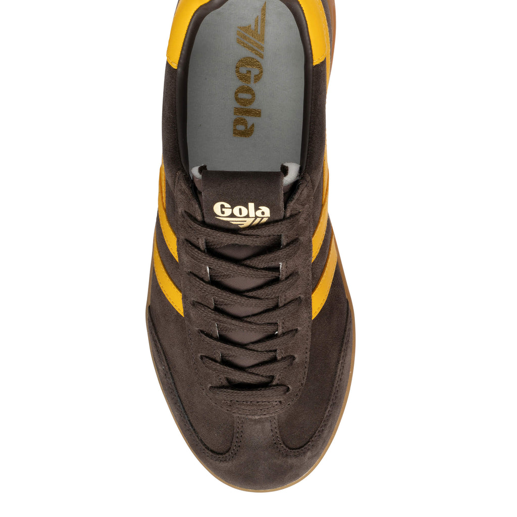 Brown Gola trainer with yellow stripes and laces