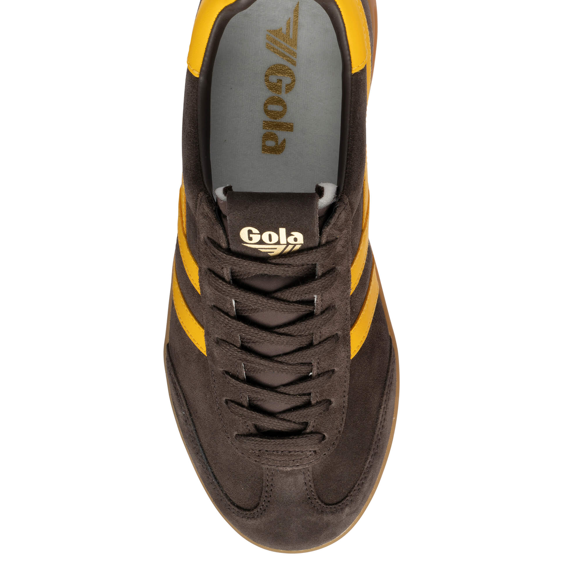 Brown Gola trainer with yellow stripes and laces