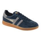 Gola Harrier suede trainers in navy with grey stripes and gum sole