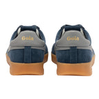 Rear view of two navy blue Gola trainers with grey heel tabs and gum soles