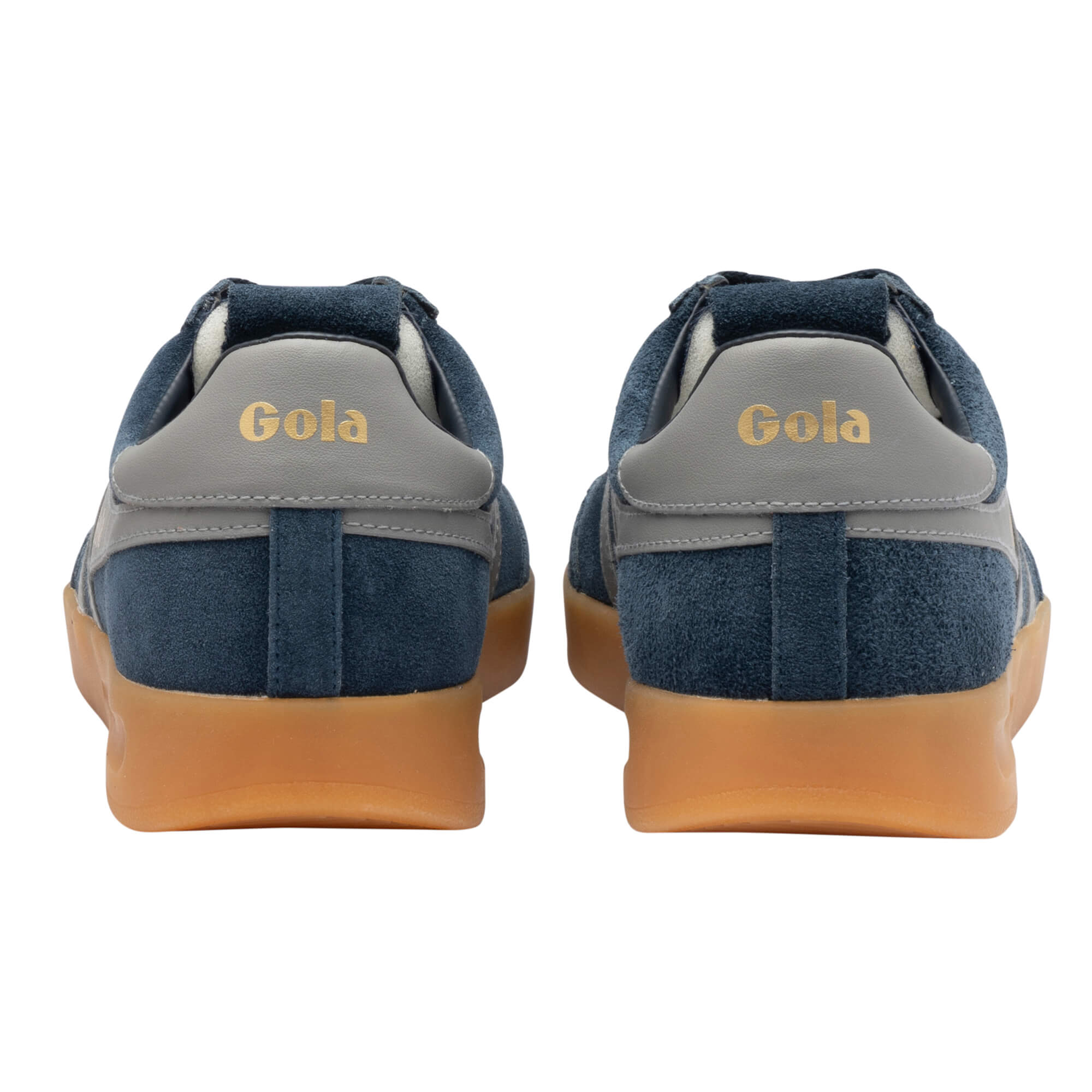 Rear view of two navy blue Gola trainers with grey heel tabs and gum soles