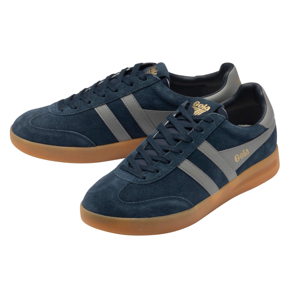 Pair of Gola Harrier trainers in navy suede with grey stripes and gum sole