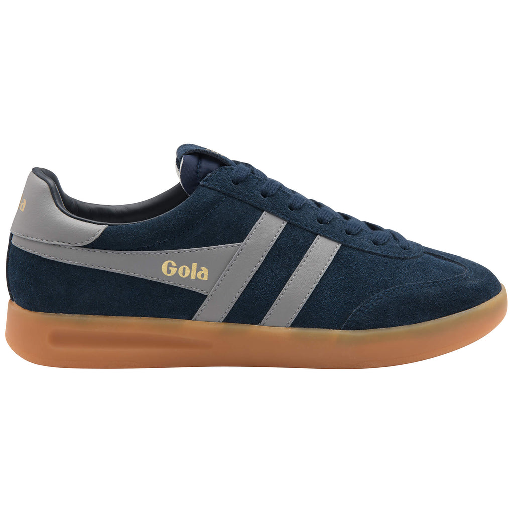 Navy blue Gola trainer with grey stripes and a tan sole