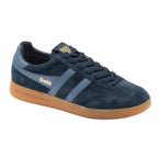 Gola Harrier suede trainers in navy with light blue stripes and a gum sole