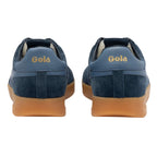 Pair of Gola trainers, navy suede with a gum sole, viewed from the back