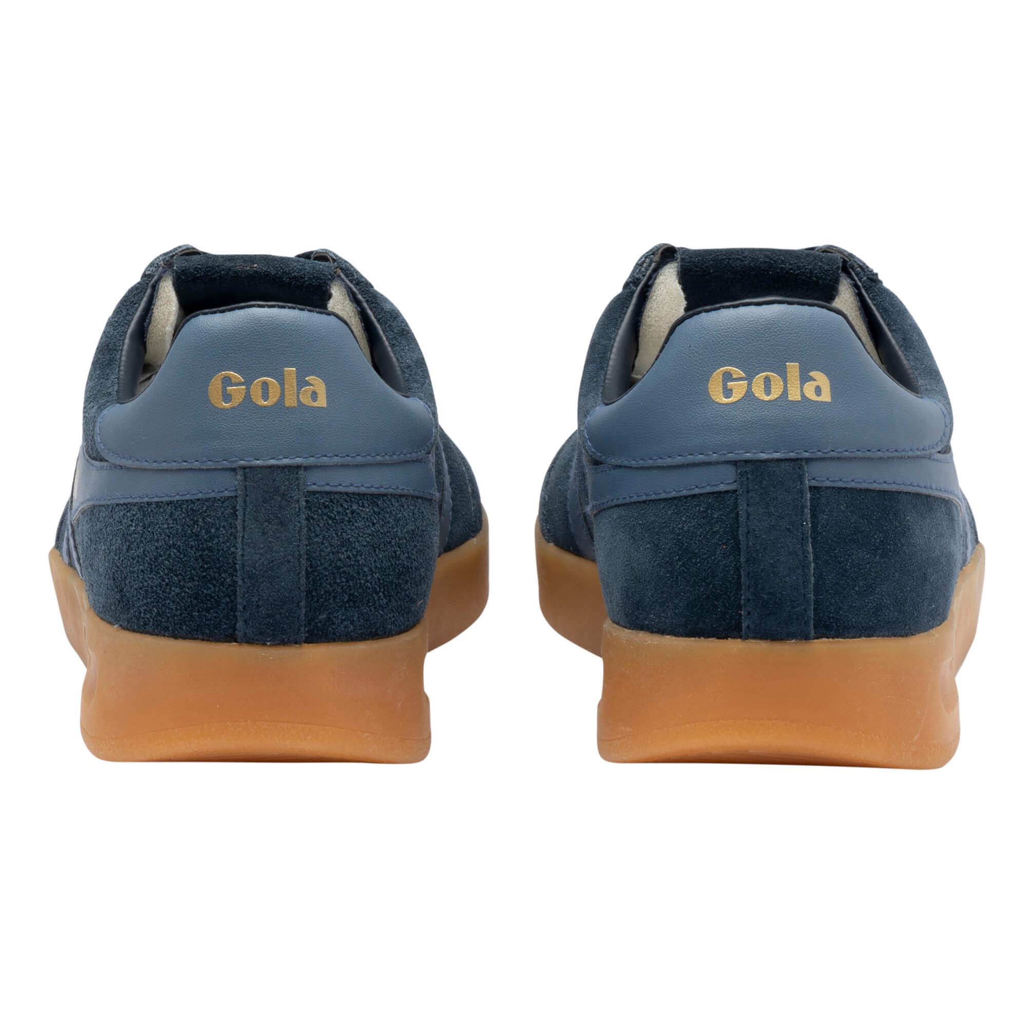 Pair of Gola trainers, navy suede with a gum sole, viewed from the back