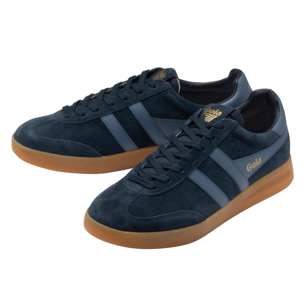 Pair of Gola Harrier trainers in navy suede with lighter blue stripes and gum soles