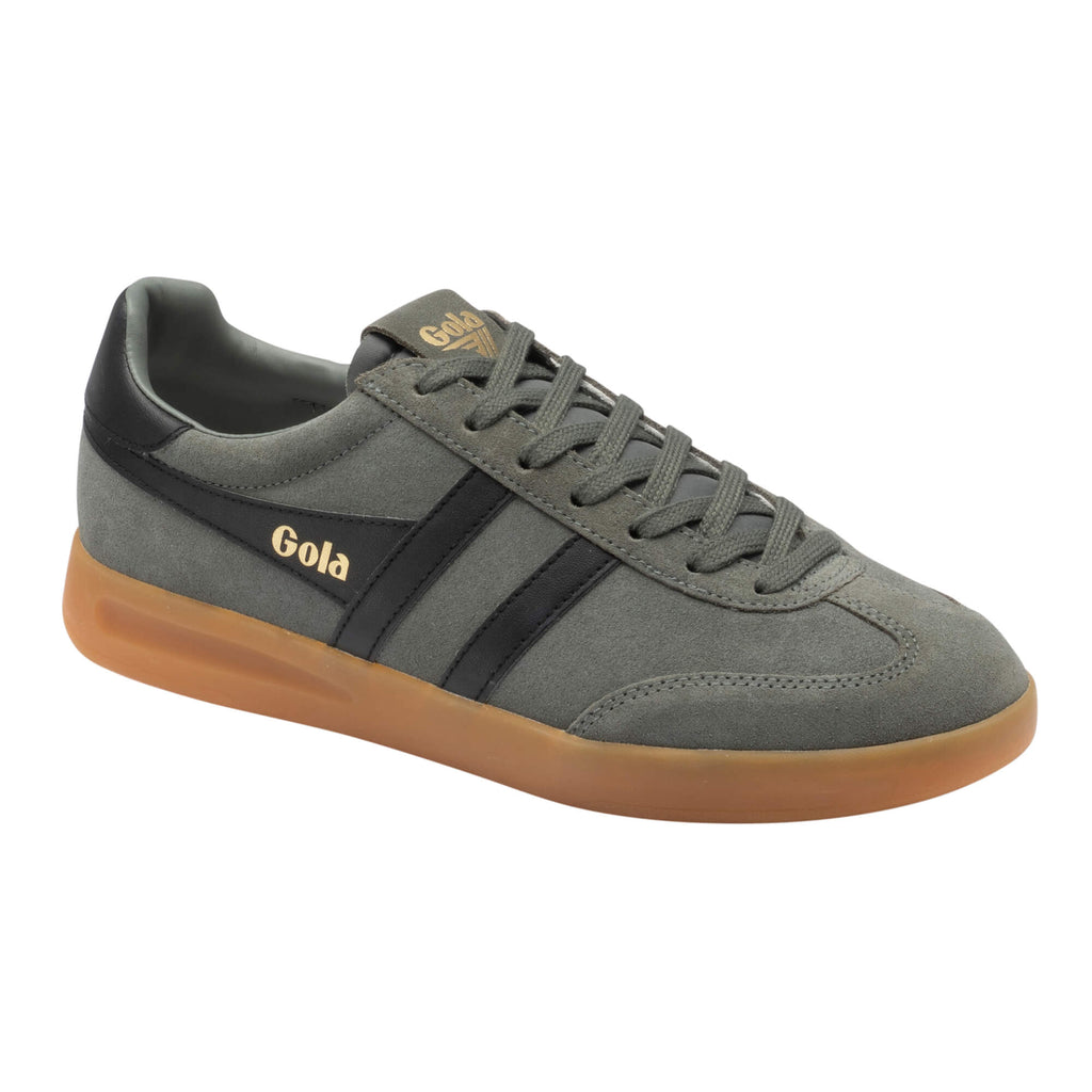 Gola men's trainer in grey suede with black stripes and a gum sole
