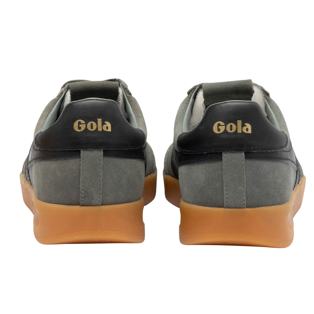 Pair of Gola trainers, rear view, in green suede with black heel trim and gum sole