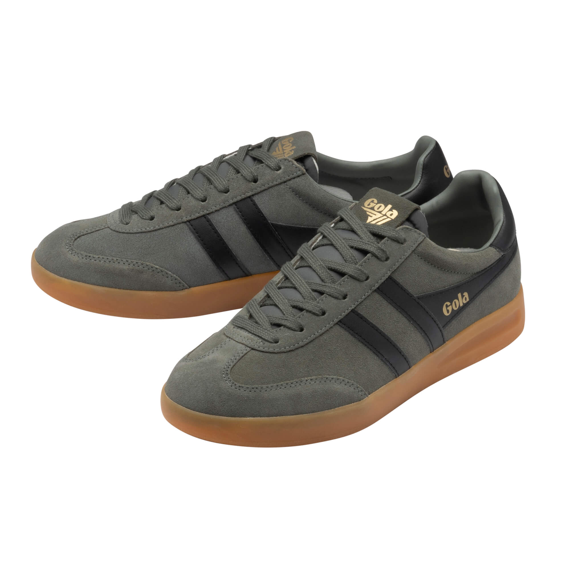 Pair of Gola men's trainers in dark grey suede with black stripes and gum sole