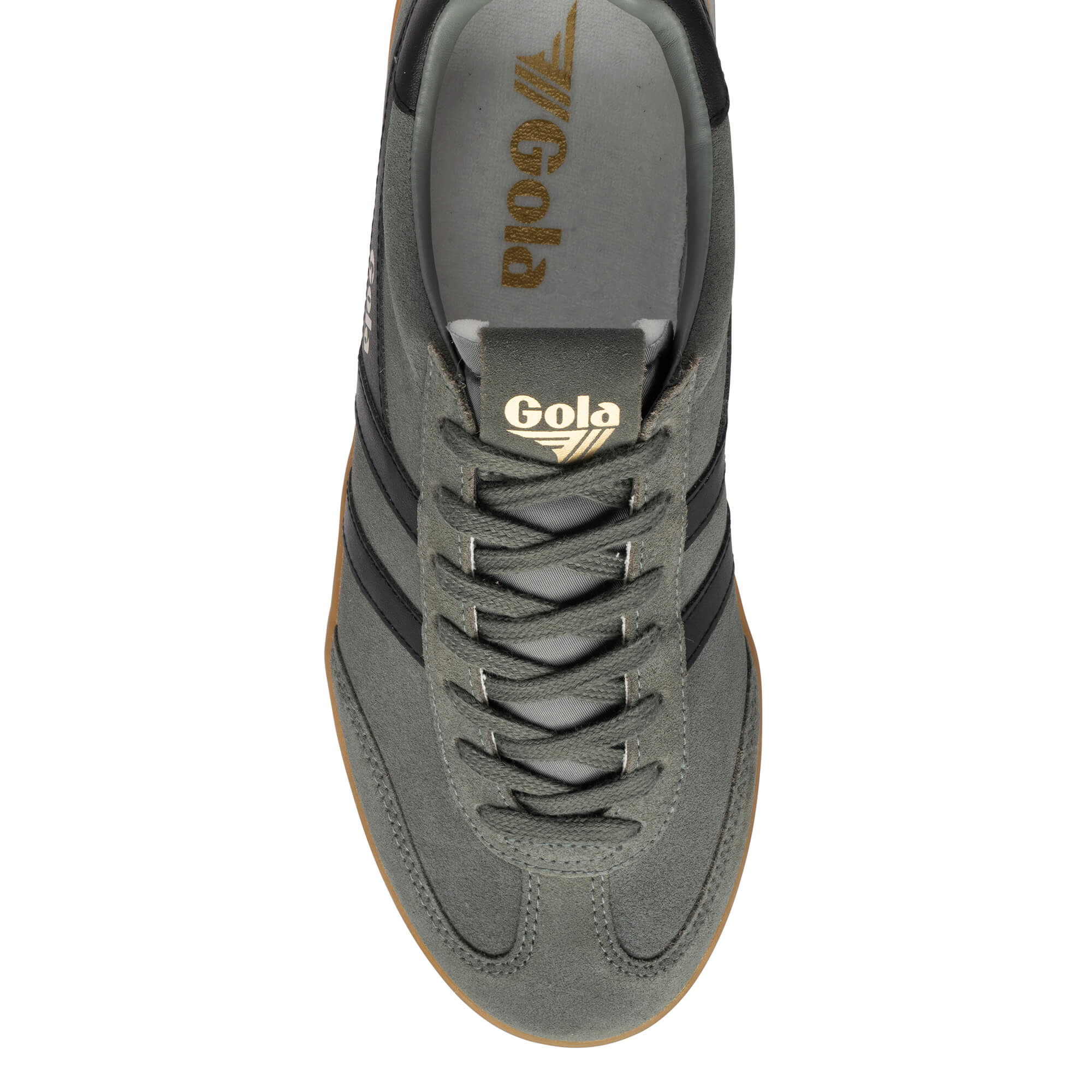 Top-down view of a grey Gola trainer with black stripes and a brown sole