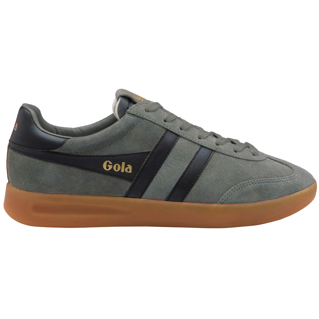 Gola men's trainer in dark green suede with black stripes and a gum sole