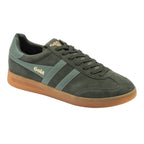 Gola Harrier suede trainers in dark green with light green stripes and a gum sole