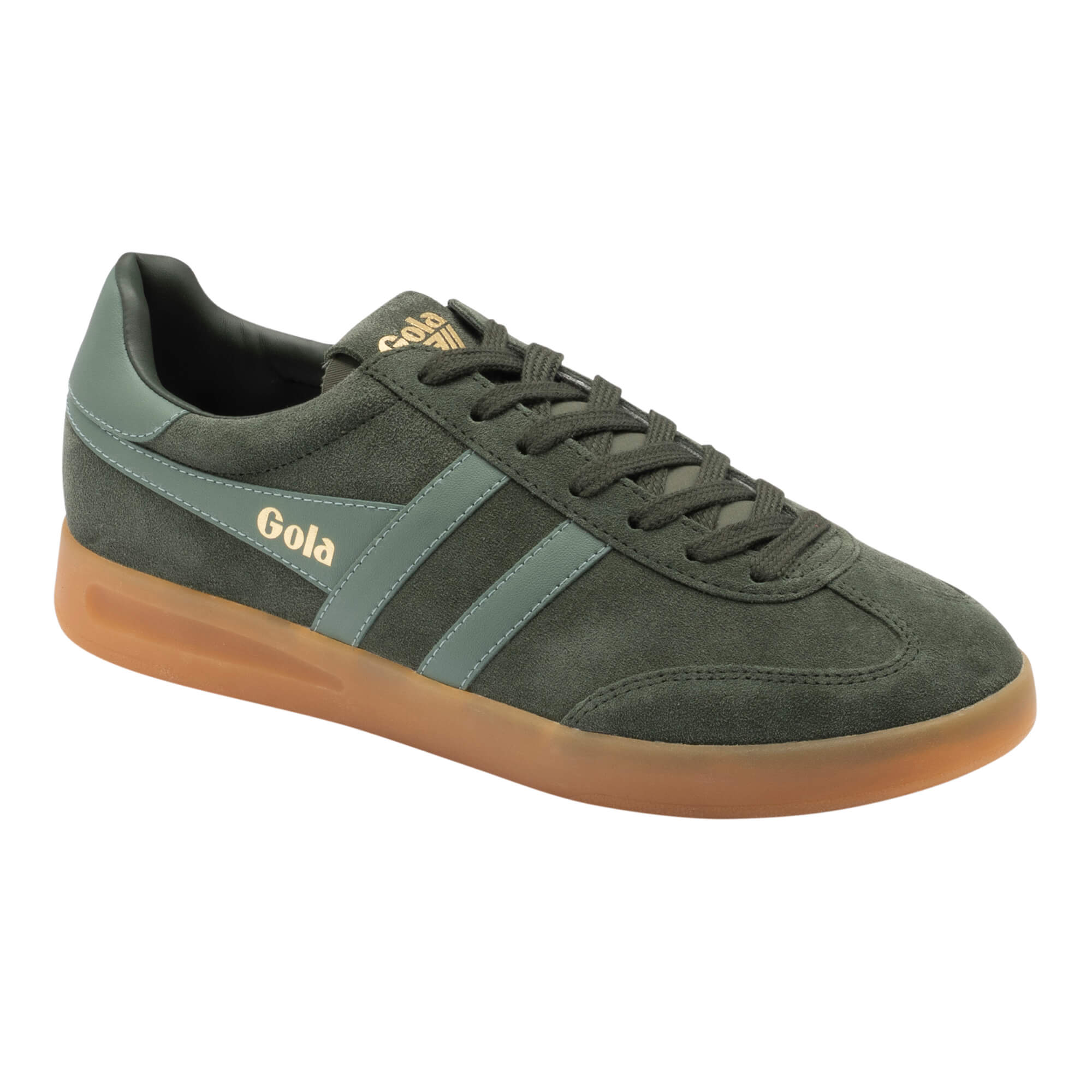 Gola Harrier suede trainers in dark green with light green stripes and a gum sole
