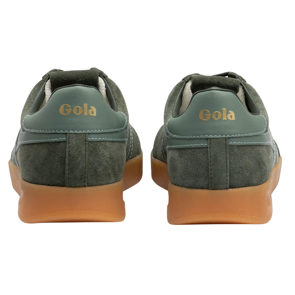 Pair of Gola trainers, green suede with gum sole, rear view