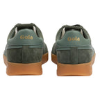 Pair of Gola trainers, green suede with gum sole, rear view