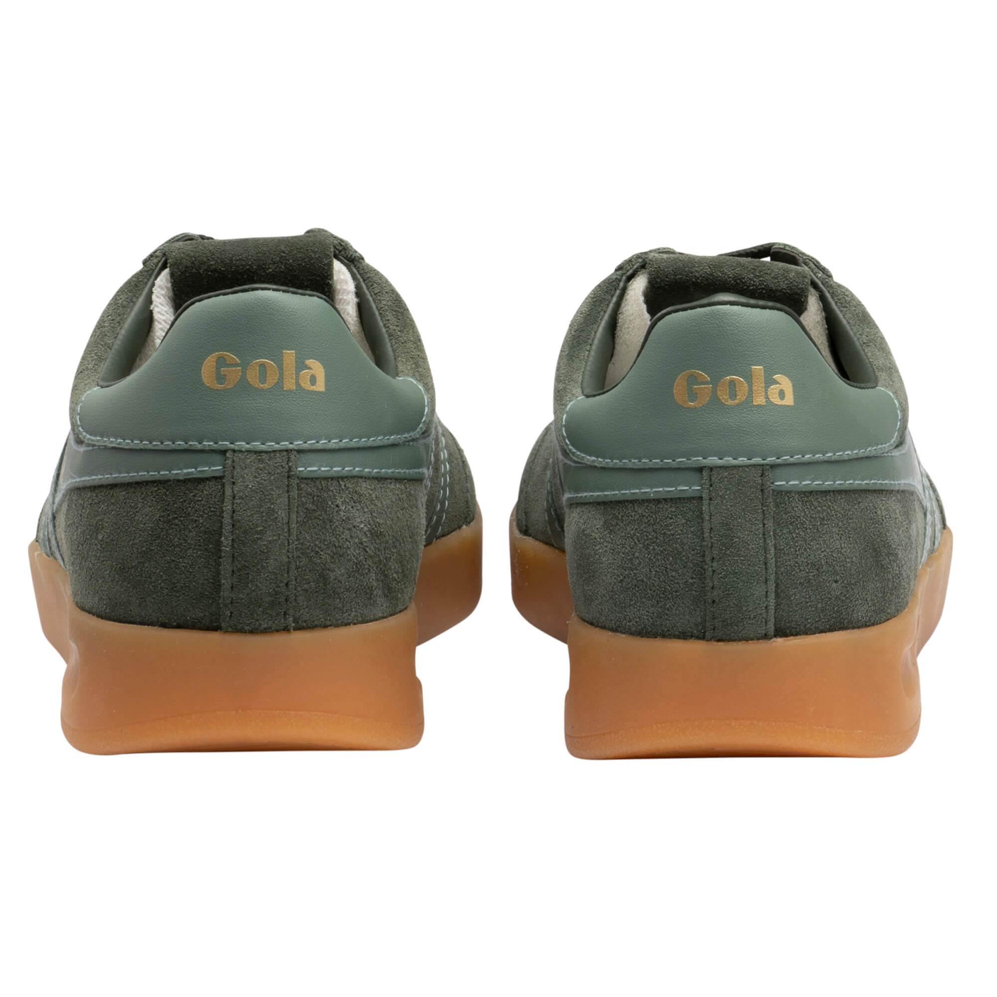 Pair of Gola trainers, green suede with gum sole, rear view