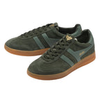 Pair of Gola men's trainers in dark green suede with lighter green stripes and gum soles