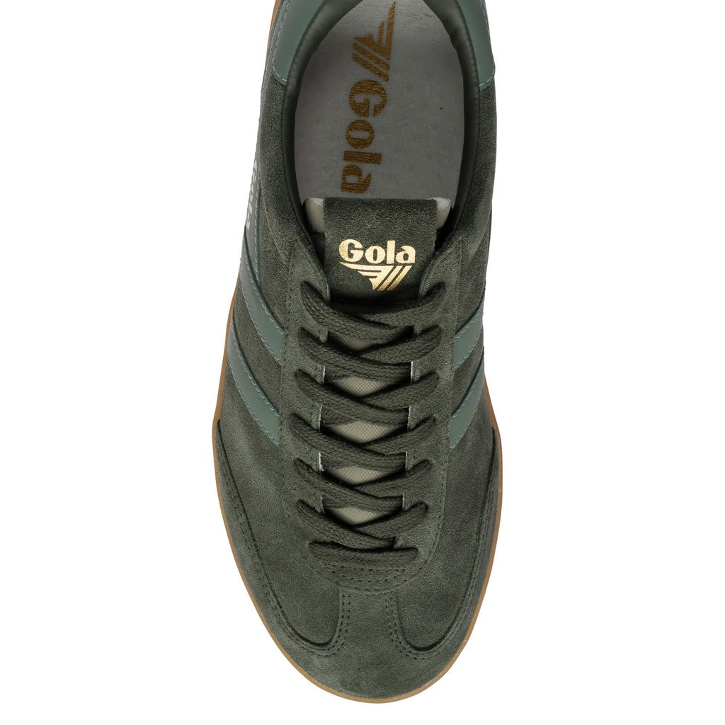 Top-down view of a dark green Gola trainer with lighter green stripes and laces