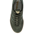 Top-down view of a dark green Gola trainer with lighter green stripes and laces