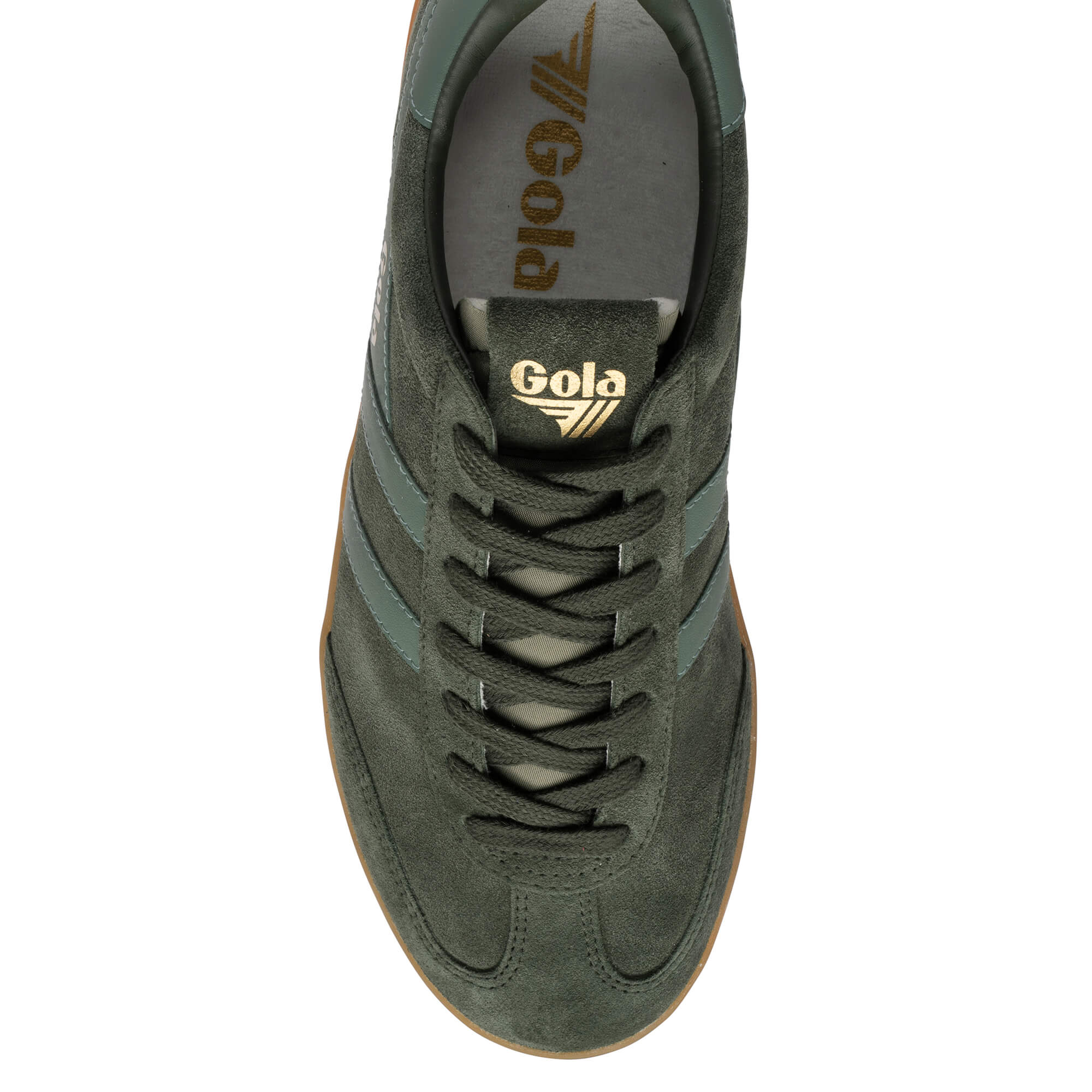 Top-down view of a dark green Gola trainer with lighter green stripes and laces