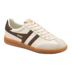 Gola men's trainer in off-white with brown stripes and gum sole