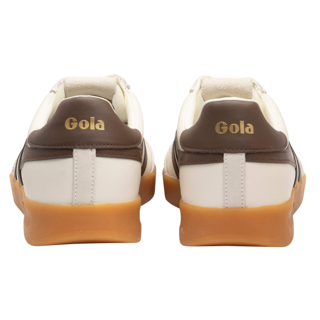 Rear view of two Gola trainers, off-white with brown accents and gum soles