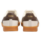 Rear view of two Gola trainers, off-white with brown accents and gum soles