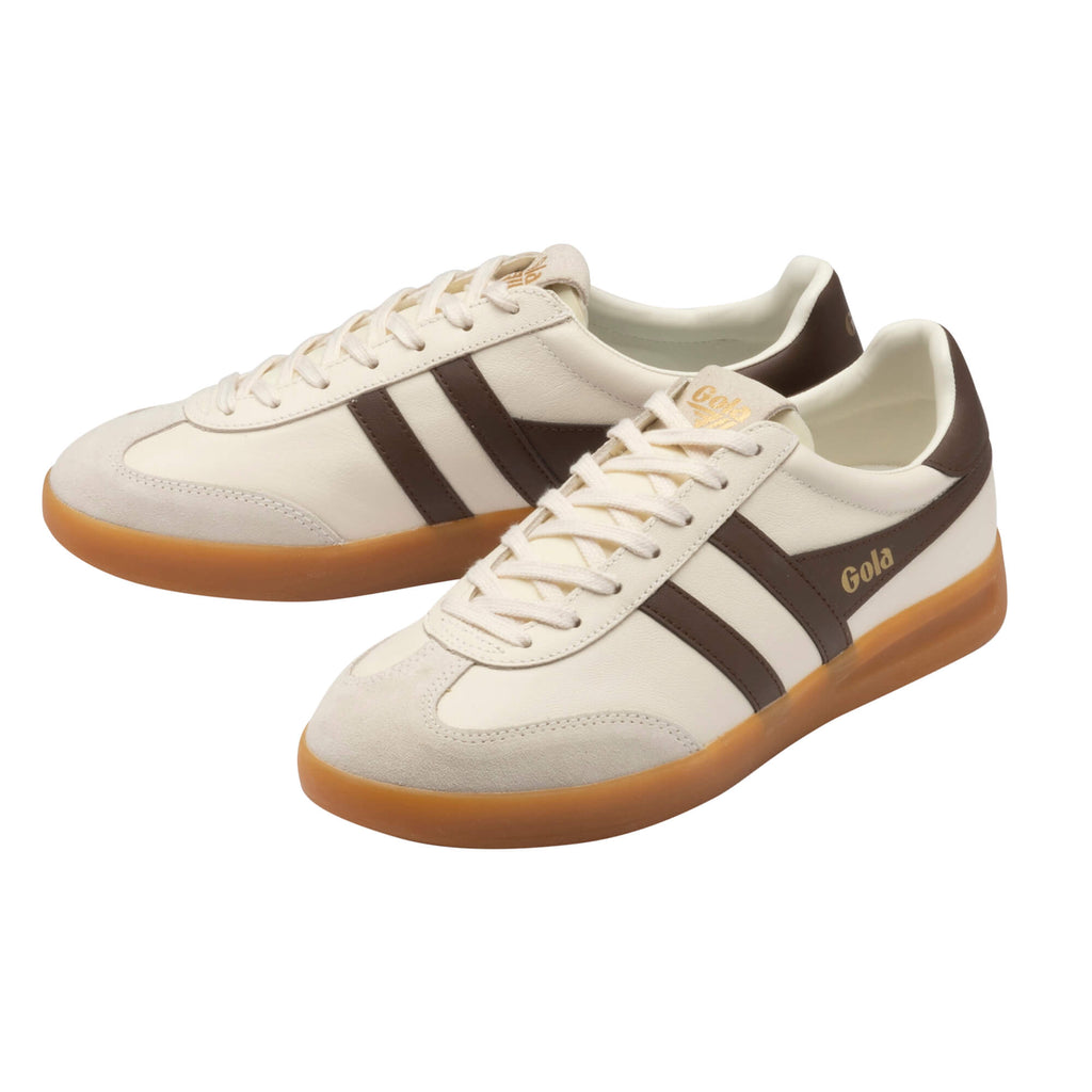 Pair of Gola Harrier trainers in off-white with brown stripes and gum sole