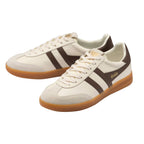 Pair of Gola Harrier trainers in off-white with brown stripes and gum sole