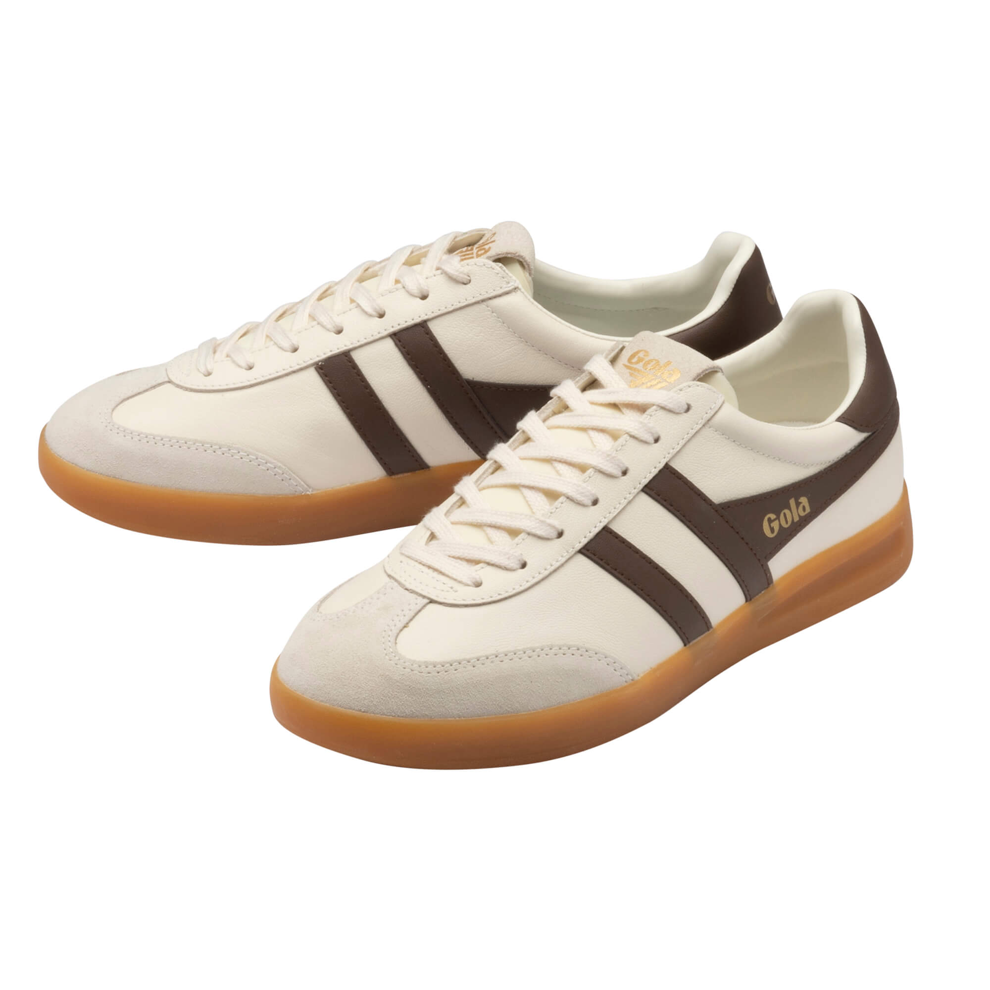 Pair of Gola Harrier trainers in off-white with brown stripes and gum sole