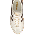 Top-down view of a Gola trainer in off-white with brown stripes and a gum sole