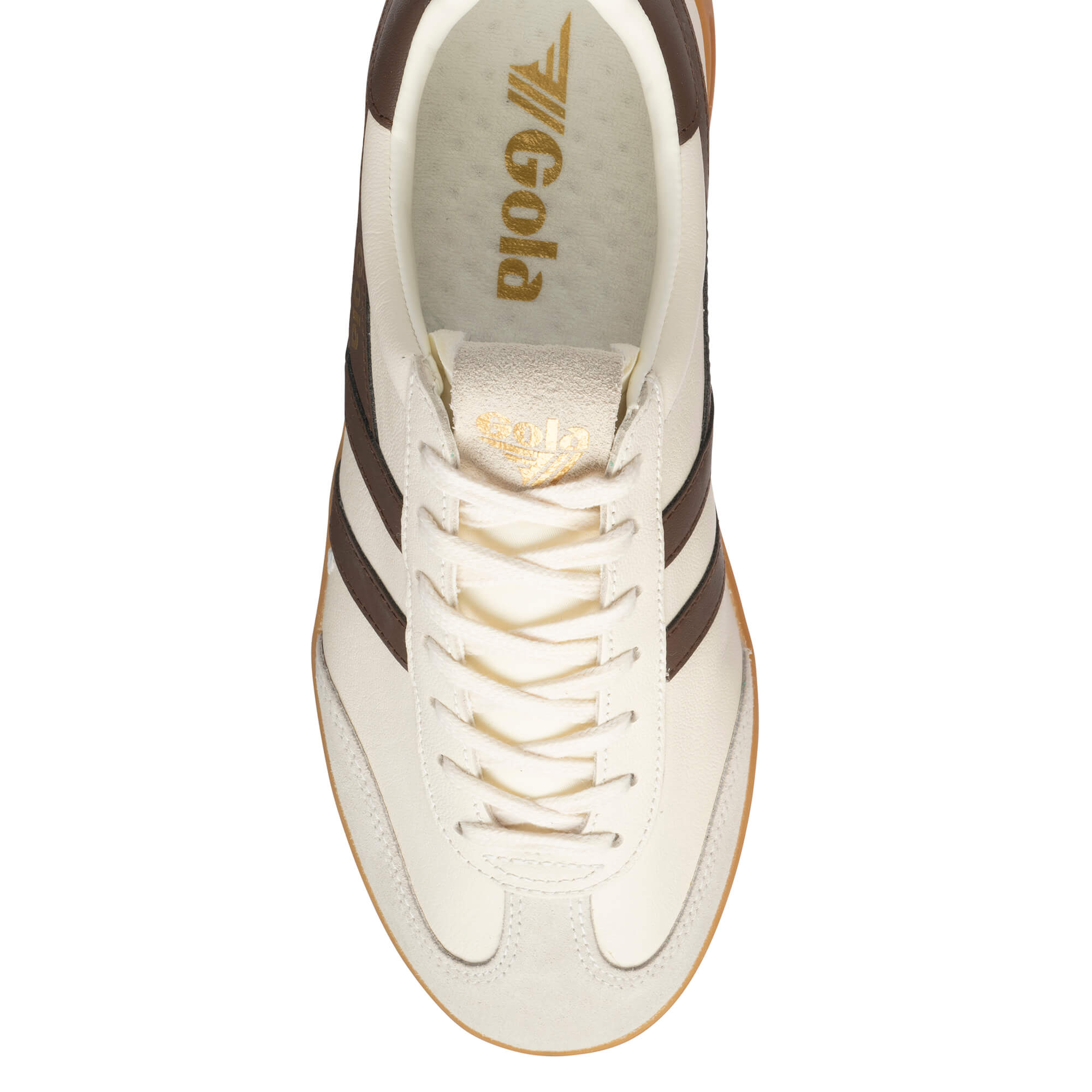 Top-down view of a Gola trainer in off-white with brown stripes and a gum sole