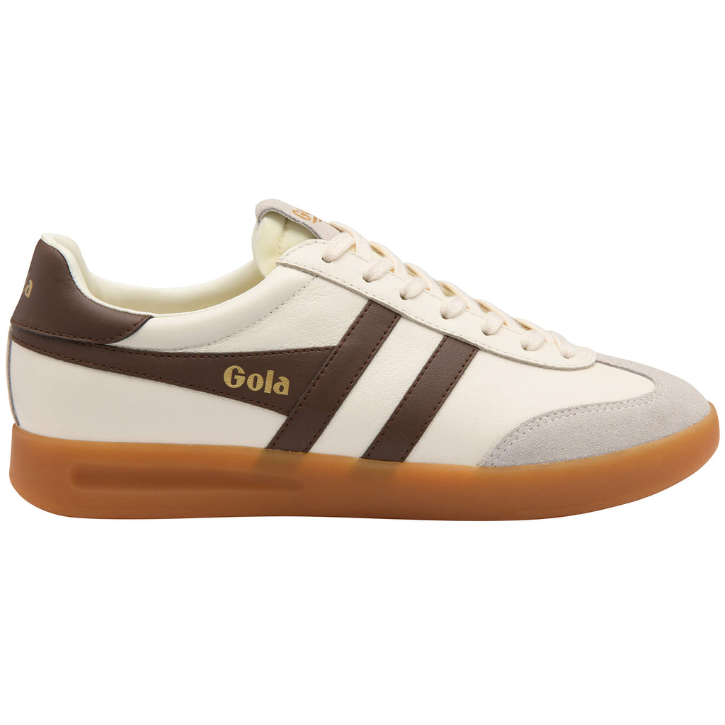 Gola men's trainer in off-white with brown stripes and a gum sole