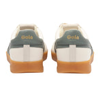 Rear view of two white Gola trainers with green heel tabs and gum soles