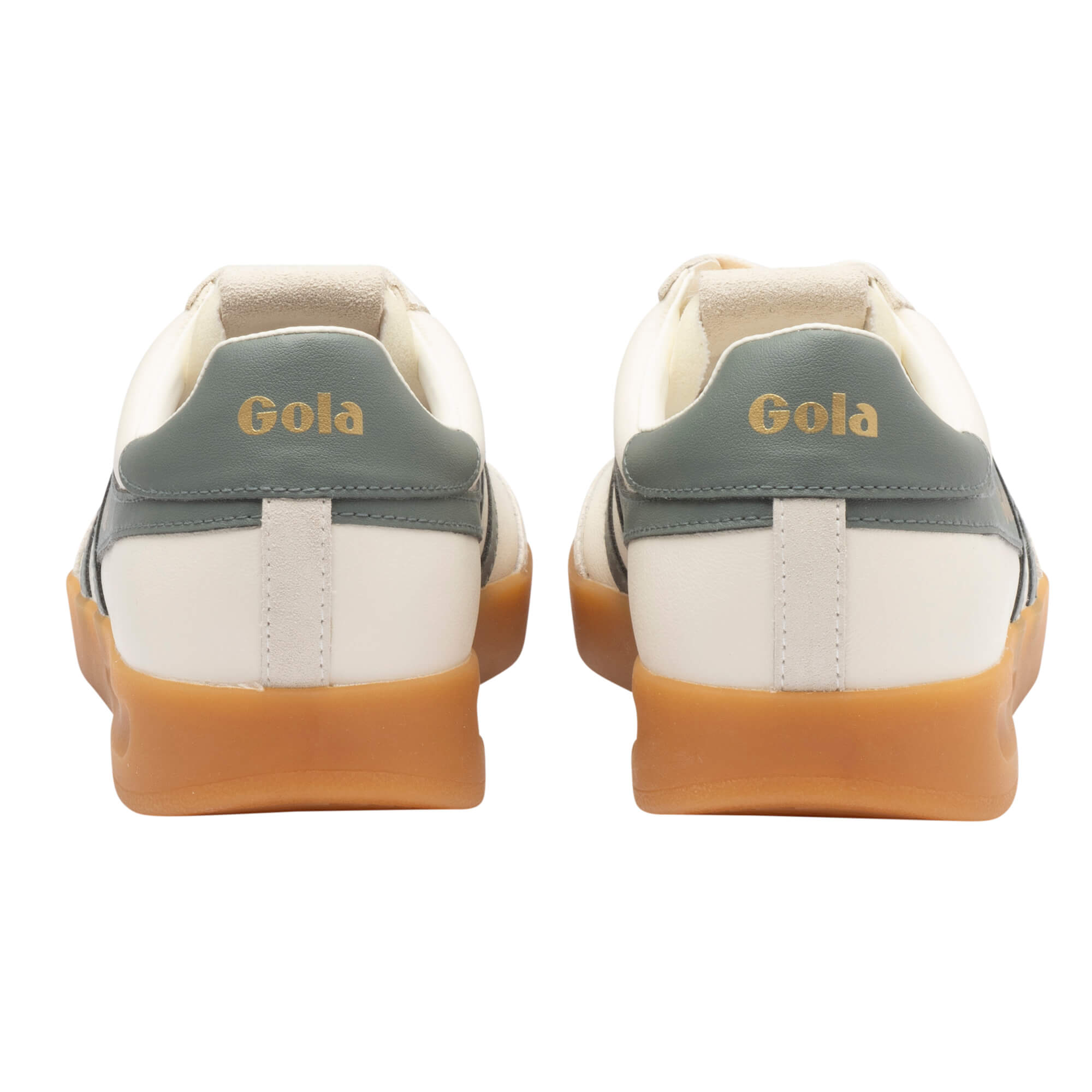 Rear view of two white Gola trainers with green heel tabs and gum soles