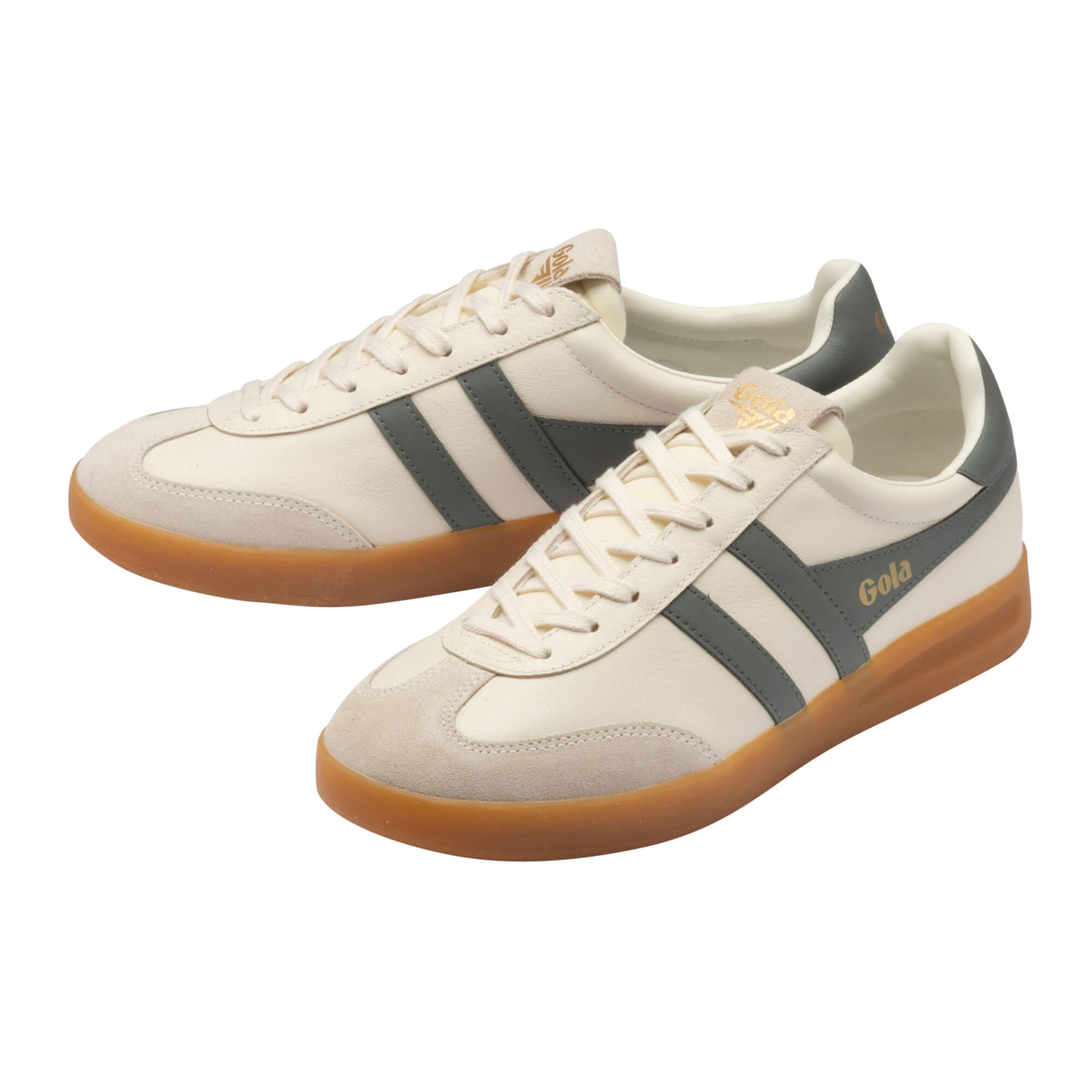 Pair of Gola trainers in off-white with grey stripes and gum soles