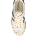 Top-down view of a Gola trainer in off-white with grey stripes and a gum sole