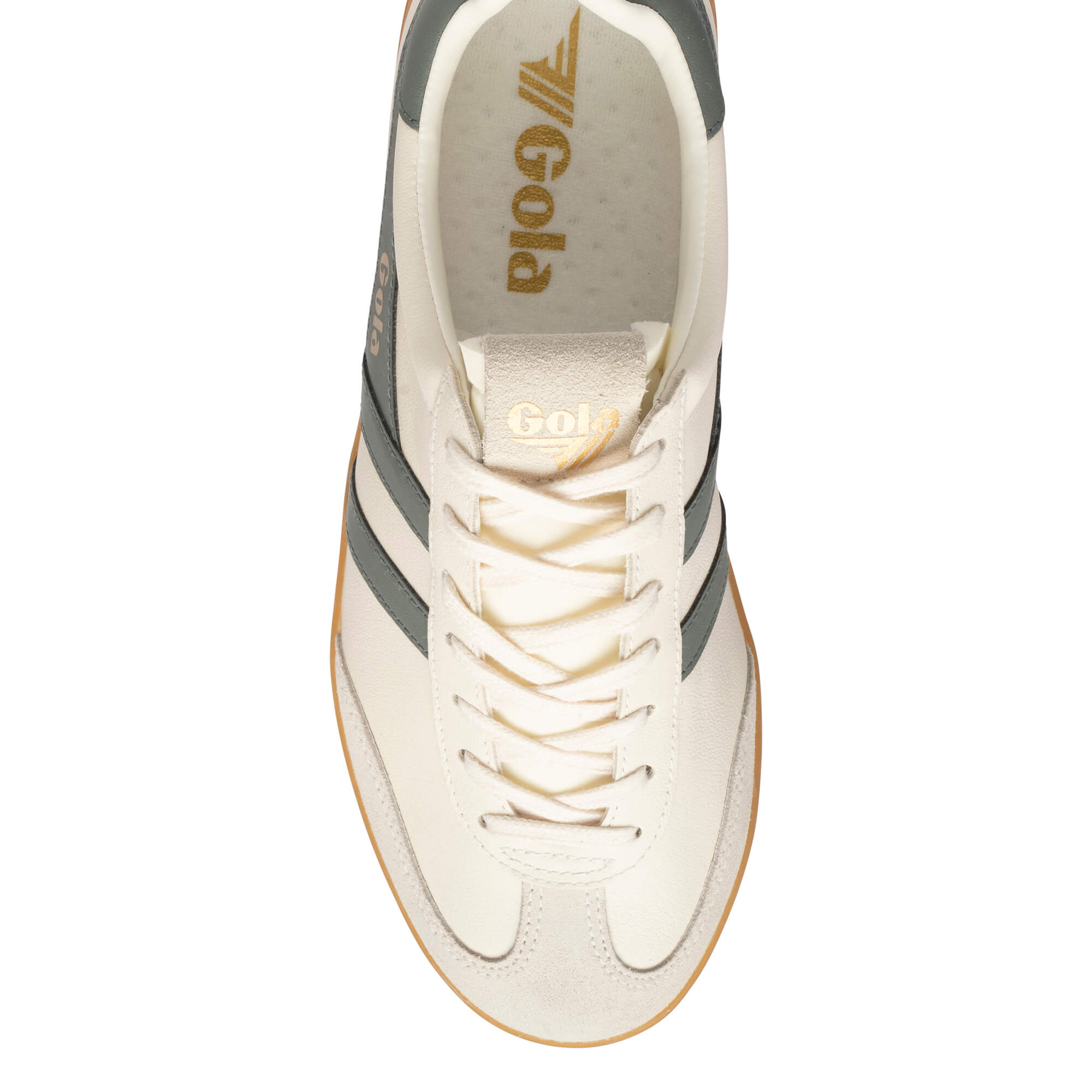 Top-down view of a Gola trainer in off-white with grey stripes and a gum sole