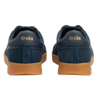 Rear view of two navy blue Gola trainers with tan soles