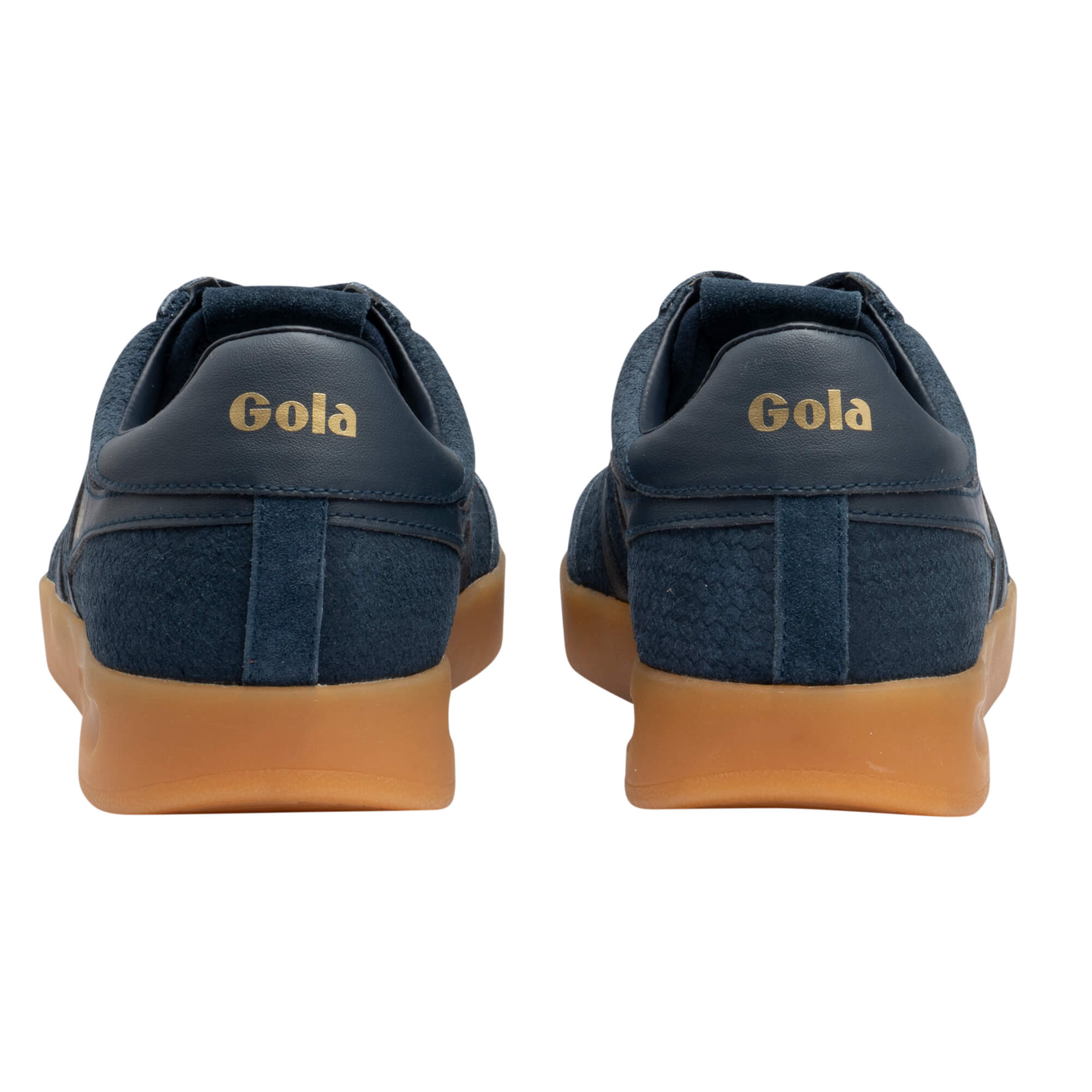 Rear view of two navy blue Gola trainers with tan soles