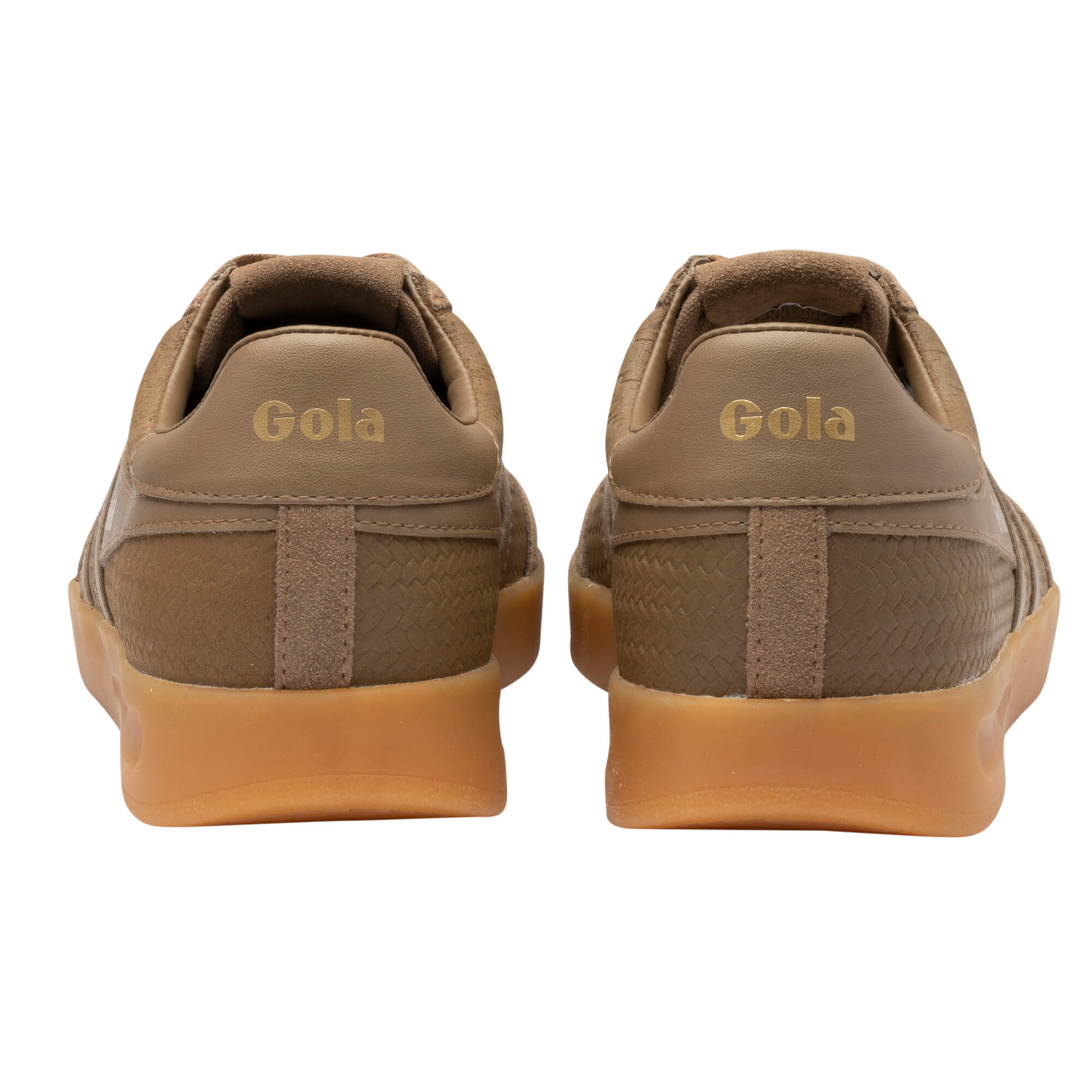 Pair of Gola trainers, rear view, in tan with a gum sole